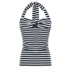 Aiertu - Y2K Women Tie Up Front Striped Halter Vest Backless Sexy Casual Fitted Sleeveless Crop Top Summer Fashion Tank Tops Aiertu