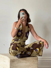 Aiertu - Printed Sequins Backless Halter Jumpsuits Women High Waist Deep V-neck Wide Leg Straight Jumpsuit Commute Holdiay Lady Romper Aiertu