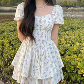 Aiertu - Puff Sleeve Floral Corset Mini Dress Aiertu
