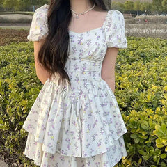 Aiertu - Puff Sleeve Floral Corset Mini Dress Aiertu