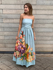 Aiertu - Blue Printed Strapless Dress Pleated Fluffy Large Hemline Cinched Waist Slimming Off Shoulder Robes Women Beach Long Dresses Aiertu