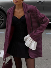 Aiertu - Patchwork Notched Collar Lace Women Blazer Flare Sleeve Single Breasted Jacket Femme Winter Loose Casual Women Coat Aiertu