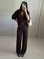Aiertu - Casual Knit Pants Outfits Women Loose Lapel Single Breasted Short Sleeves Hollow Out Suits Female 2026 Spring Summer Solid Sets Aiertu