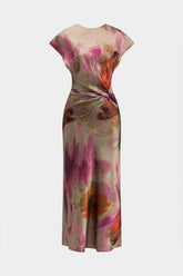 Aiertu Tie Dye Ruched Cut Out Button Twist Knot Midi Dress Aiertu