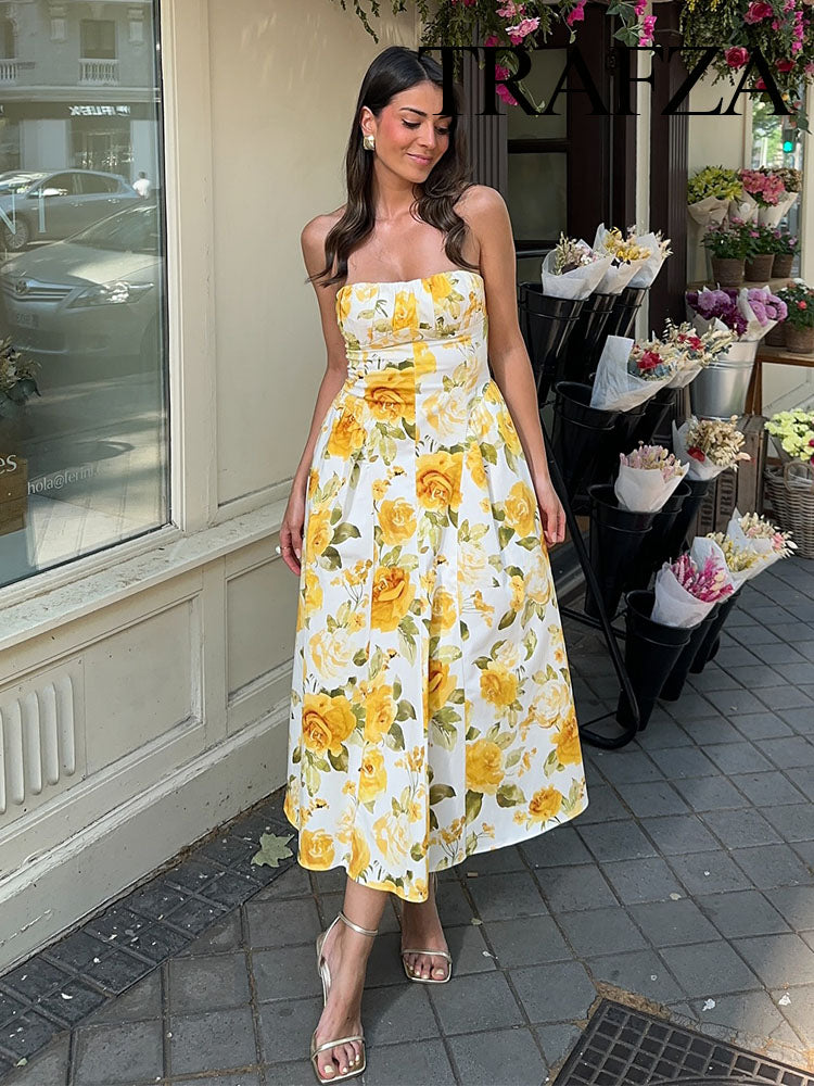 Aiertu Women New Fashion Temperament Simple Slim Strap-Breast Yellow Rose Printed Dress Female Elegant Sexy Backless Long Dress Aiertu