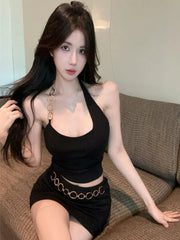Aiertu Hot Girl Sexy Suit Women's Metal Ring Irregular Halter Neck Vest Top Wrap Hip Short Skirt Two-piece Set Fashion Female Clothes Aiertu