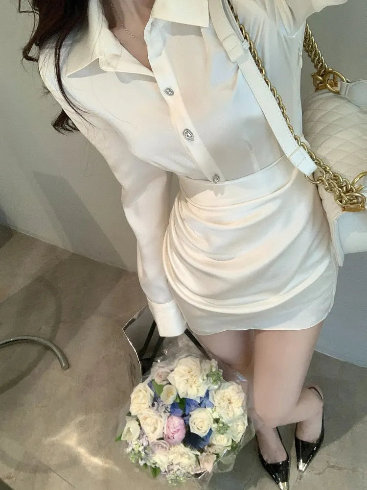Aiertu - Elegant Shirt Dress Women Casual Long Sleeve Y2k Mini Dress Even Party Female Pure Color Autumn One Piece Dress Korean Chic Aiertu