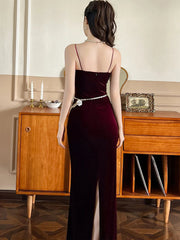 Aiertu prom dresses 2025 Elegant Annual Meeting Long Dress Women French Wine Red Black Velvet Strap Backless Slit Maxi Robe Femme Bottom Party Vestidos Aiertu