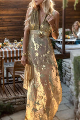 Aiertu -Sexy Bronzing Patchwork V Neck Evening Dresses aiertu