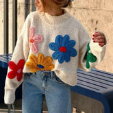 Aiertu - Crochet Flower Pullover Knitted Sweater Women's Fashion Loose Lantern Long Sleeve Embroidery Knit Top Streetwear Fashion Aiertu