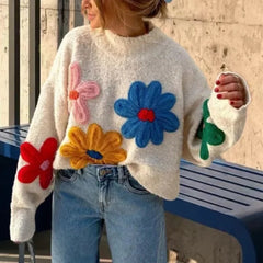 Aiertu - Crochet Flower Pullover Knitted Sweater Women's Fashion Loose Lantern Long Sleeve Embroidery Knit Top Streetwear Fashion Aiertu