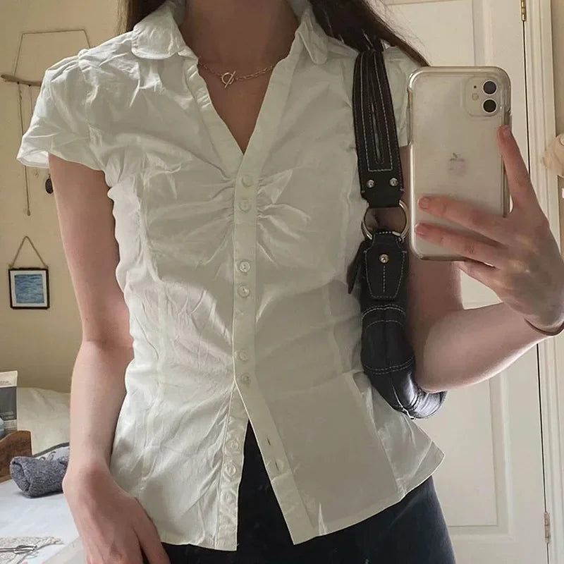 Aiertu - White Tie Up T Shirt y2k Women Short Sleeve Turn Down Collar Button Crop Top Vintage Harajuku Korean Tee Summer Casual Aiertu