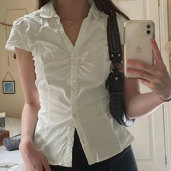 Aiertu - White Tie Up T Shirt y2k Women Short Sleeve Turn Down Collar Button Crop Top Vintage Harajuku Korean Tee Summer Casual Aiertu