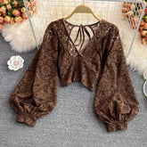 Spring Outfits Back To School Outfits Sexy Lace Hollow Out Blouse Women Summer V-Neck Puff Sleeve Backless Tops Casual Korean Slim Lace Up Solid White Crop Tops Aiertu