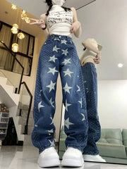 Aiertu - Splicing Star Print Design American High Street Jeans Women's Niche Loose Straight Leg Pants Aiertu