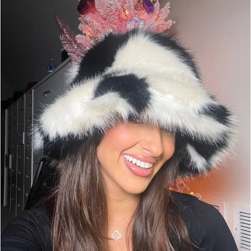 Aiertu - Winter Hat New Candy Color Faux Fur Y2k Warm Plush Basin Hat Unisex Bucket Hat Bob Homme Aiertu