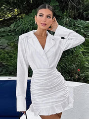 Aiertu - Cotton Linen Ruffle Dress Solid Color Suit Collar Deep V Fake Two Pieces Slim Fit Fashion Slimming Short Wrap Hip Dresses Spring Aiertu