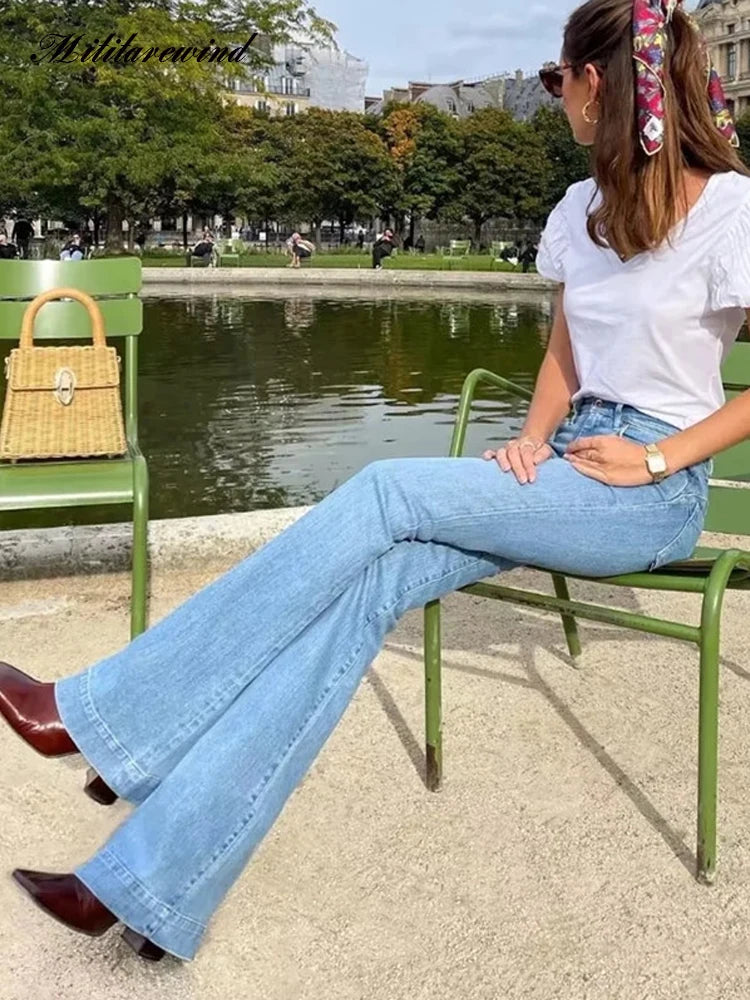 Aiertu - High Waist Denim Pants Women Solid Color Elastic Slim Fit Flare Pants For Hot Girl Denim Trousers Women Flare Jeans Streetwear Aiertu