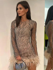 Aiertu - Women Fashion Sequins Feather Hem Mini Dress Elegant O-neck Long Sleeve Perspective Dresses 2026 New Sexy Party Club Robes Aiertu