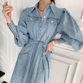 Aiertu - French Retro Temperament Port Style Denim Dress Aiertu