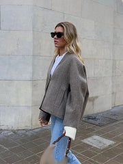 Aiertu - Chic Button Pockets V Neck Crop Jacket For Women Casual Solid Long Sleeves Short Coat 2026 New Autumn Lady Office Outerwear Aiertu