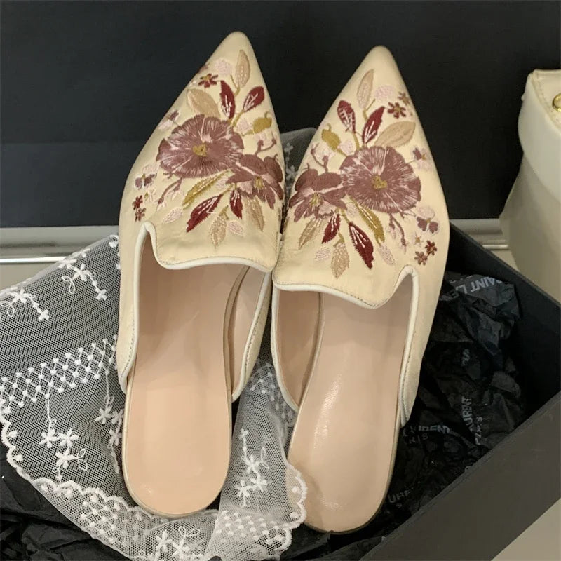 Aiertu - Summer Pointed Toe Women Slippers Fashion Vintage Embroidery Square Low Heels Party Dress Mules Shoes Aiertu
