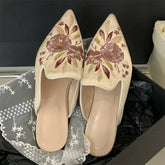 Aiertu - Summer Pointed Toe Women Slippers Fashion Vintage Embroidery Square Low Heels Party Dress Mules Shoes Aiertu