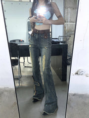 Aiertu Cross Patchwork Bootcut Pants for Women Destroyed High Rise Slim Trousers Y2k Flare Jeans 90s Retro Korean Streetwear Aiertu