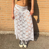 Aiertu - Sexy Lace See-Through Skirt For Women Elastic Waist Bow Jacquard Splice Summer New Solid Color Loose Long Skirt Female Aiertu