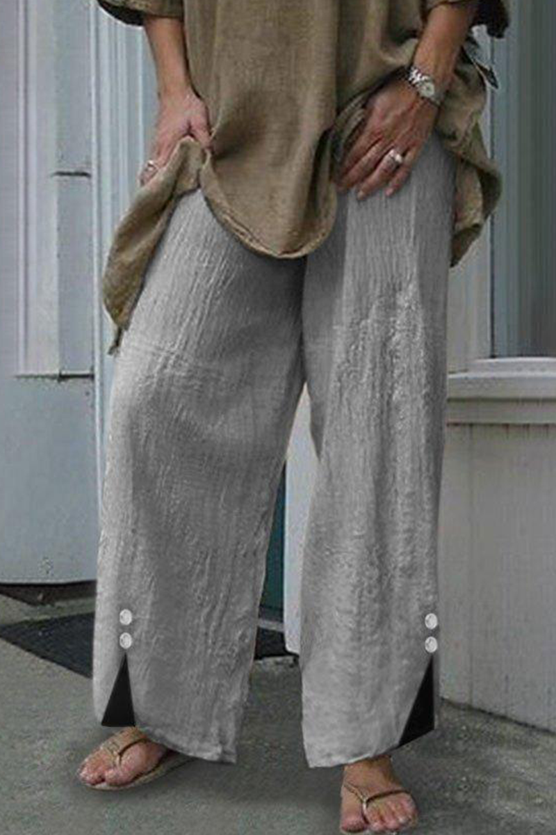 Aiertu - Casual Solid Patchwork Buttons Straight Wide Leg Solid Color Bottoms(6 Colors) Aiertu
