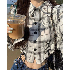Aiertu Streetwear Plaid Shirts Women Y2K Harajuku Bandage Crop Tops Korean Fashion Long Sleeve Casual All Match Chic Blouses New Aiertu