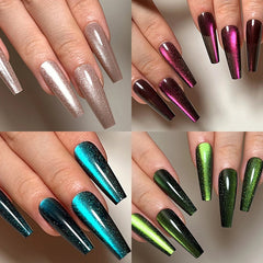 Aiertu Cat Eye Long Ballet Fake Nail Glitter Powder Raspberry Purple Blue Wearable Full Cover Finished False Art Nail Tip Press on Nail Aiertu