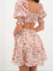 Aiertu - Women s Summer Floral Print Dress Short Puff Square Neck Cutout Waist Mini A-Line Dress Aiertu