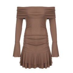 Aiertu - Ruffle Off Shoulder Ribbed Mini Dress Aiertu