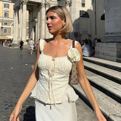 Aiertu - Floral Embroidered Skirts Sets Summer Low Chest Lace-up Sleeveless Tank Tops+long Skirt Suits For Women Sexy Elegant 2 Piece Set Aiertu