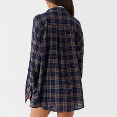 Aiertu - Casual Lounge Set Plaid Patterm Button Down Long Sleeve Blouse T-shirt Tops + Wide Leg Shorts Comfy 2 Piece Set Women Outfits Aiertu