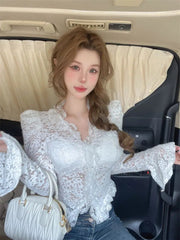 Aiertu - Top Selling French High-end Hollow Lace Shirt with Pure Desire for Style Short Sleeved Small Shirt Top Aiertu