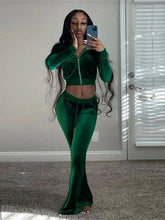 Aiertu Solid Velour Two Piece Set Women Simple Casual Zipper Long Sleeve Turtleneck Top+Bandage Lace Slim Female Wide Leg Pants Aiertu