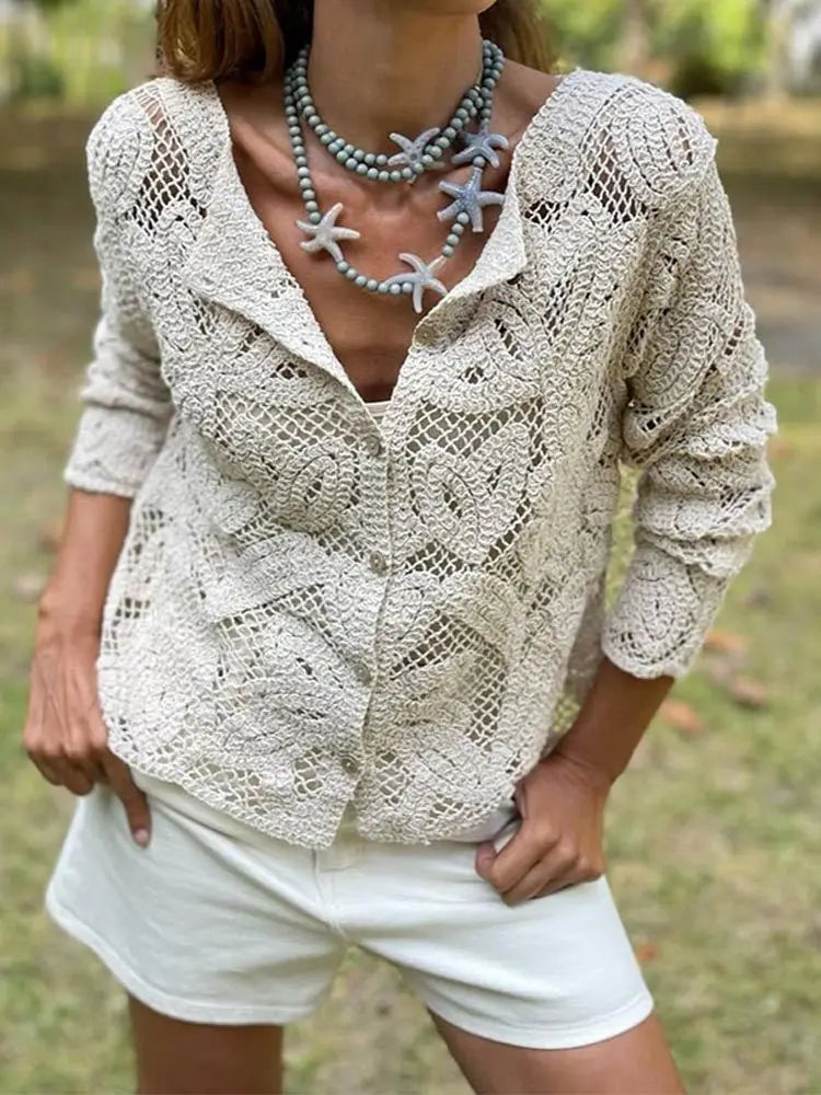 Aiertu - Elegant Floral Hollow Out Shirt For Women Single Button O Neck Long Sleeve Blouse Chic Fashion Female Commuting Streetwear Aiertu