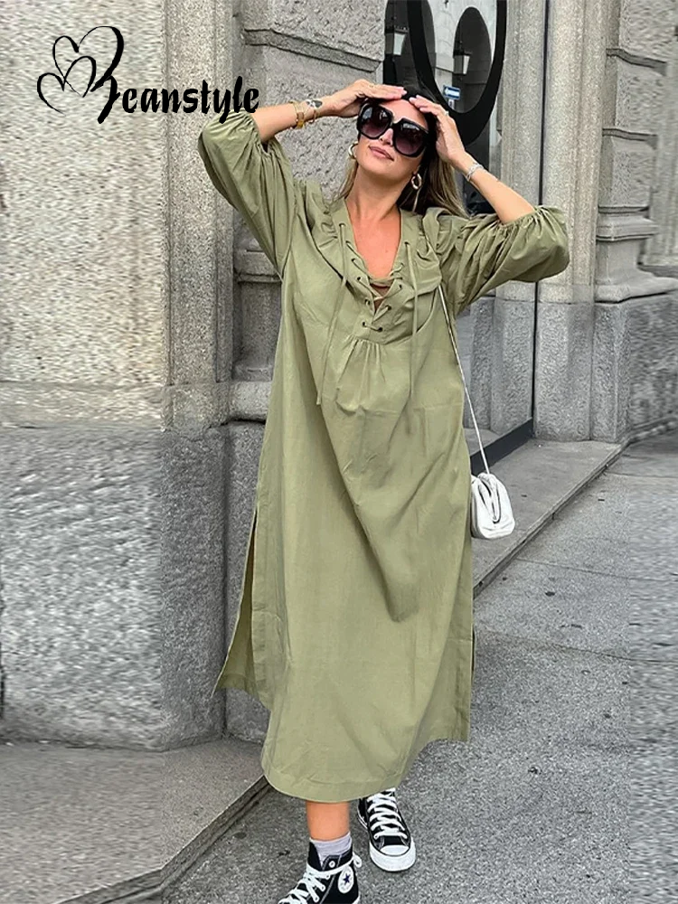 Aiertu Loose Green Side Split Women Dress Casual Bandage Long Sleeve V Neck Female Dresses 2025 Summer Lace Up Lady Comfortable Robe Aiertu