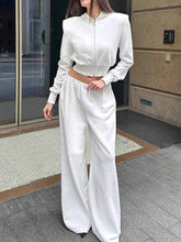 Aiertu - Casual 2 Pieces Suit Women Full Sleeves Zippers Crop Hoodies High Waist Wide Leg Lengthen Pants Female Set 2025 Spring Lady Sets Aiertu