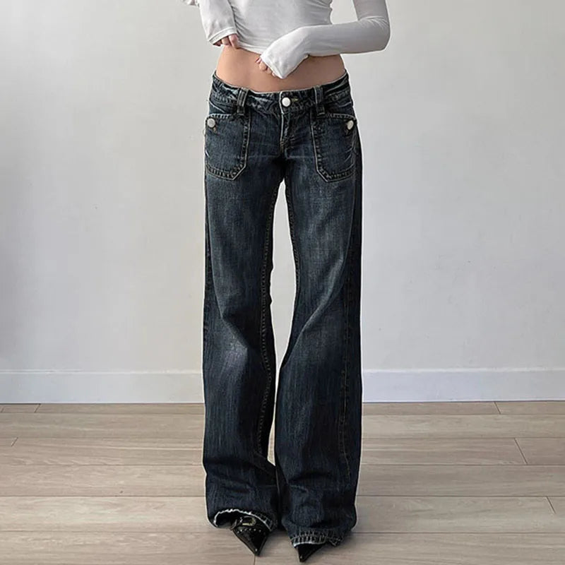 Aiertu - Grunge Aesthetic Flare Jeans Women Retro Stylish Y2K Dark Blue Denim Pants Spring Outfits Casual Slim Trousers Ladies Aiertu