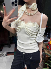 Aiertu - Sexy Modern Style Cross Draped Design Spliced Lace Shirts Korean Office Lady Slash Neck Elegant Tops Y2k with Scarf Streetwear Aiertu