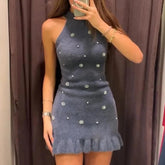 Aiertu - Elegant Pearl Decor Knit Halter Short Dress Women Slim Off Shoulder Sleeveless Mini Party Dresses New Lady Sexy Ball Gowns Aiertu