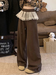 Aiertu Lace Patchwork Sweet Pants Women Korean Fashion High Waist Loose Trousers Casual Design Lady Lace Up Spring Wide Leg Pants Aiertu