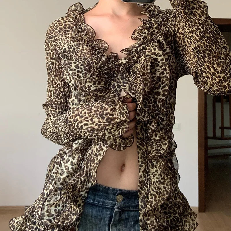 Aiertu - Y2k Aesthetic Women Sexy Blouse Leopard Sexy Single Breasted Slim Fit Grunge Shirt Harajuku Ruffled See Through Streetwear Blusa Aiertu