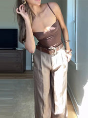 Aiertu - Women's Straight Pants Solid High Waist Belt Pockets Wide Leg Long Trousers Female 2025 Spring Lady Vintage High Street Wears Aiertu