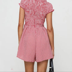 Aiertu - Women Y2k Gingham Playsuit Short Sleeve Smocked Babydoll Bodysuit Rompers Flowy A-Line Club Dress Retro Streetwear Aiertu