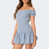 Aiertu - Womens Off Shoulder Mini Party Dress Trendy Plaid Puffball Short Sleeve Tube Top Dress Summer Fairy Short Dress Aiertu