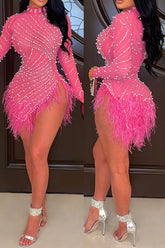 Aiertu Rhinestone & Beaded Decor Striking Tassel Irregular See-Through Mini Dress Aiertu